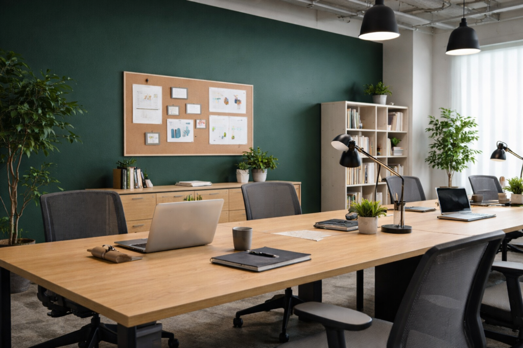 ダークグリーンの壁紙を取り入れたオフィス内装の画像