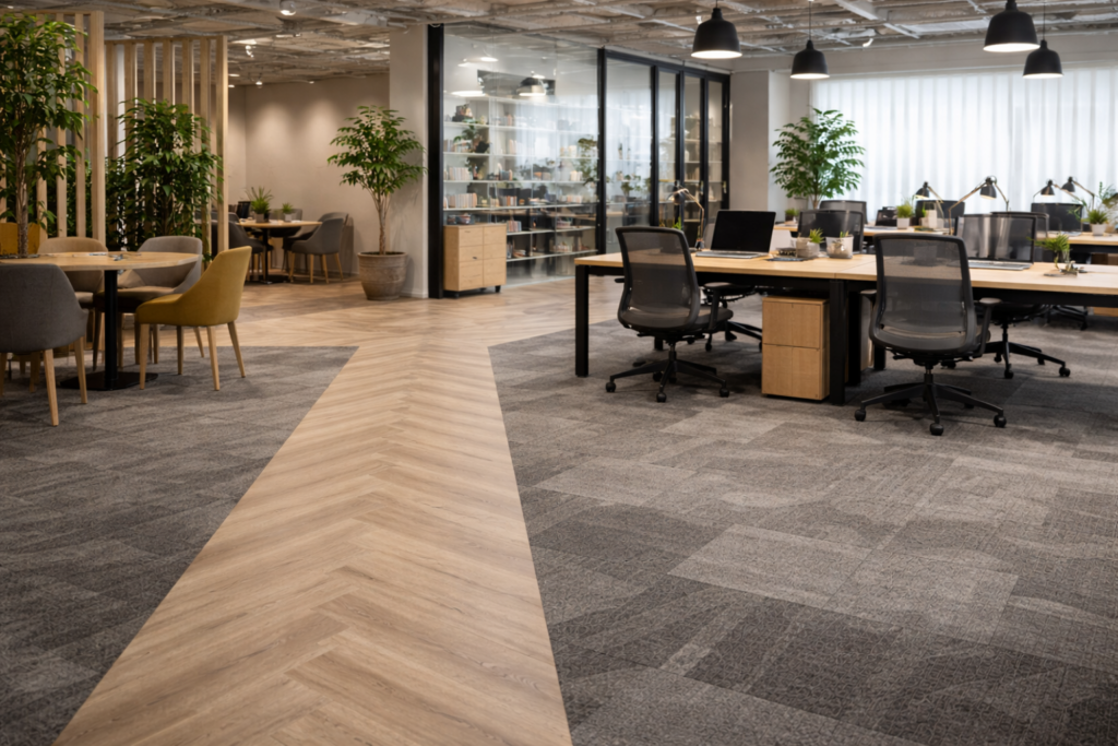 数種類のフロアタイル・カーペットを使い分けているオフィス内装の画像