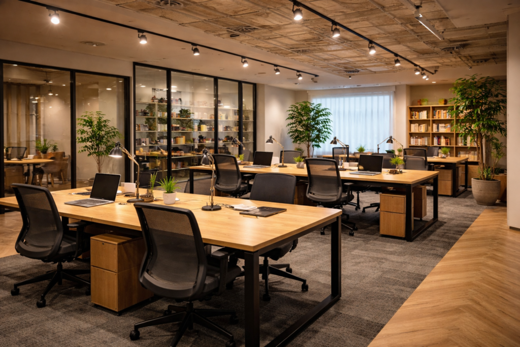 夕方～夜にかけて落ち着いた色の照明になるオフィスの画像